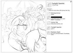 Size: 1199x862 | Tagged: safe, artist:sweethd, derpibooru import, derpy hooves, pinkie pie, rainbow dash, rarity, shining armor, twilight sparkle, twilight sparkle (alicorn), oc, oc:honey dip, alicorn, pony, 30 minute art challenge, monochrome, photobomb