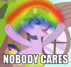 Size: 473x447 | Tagged: safe, derpibooru import, twilight sparkle, caption, featured image, idiot box, image, image macro, jpeg, nobody cares, open mouth, reaction image, smiling, solo, spongebob squarepants, text