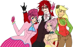 Size: 996x647 | Tagged: applejack, artist:sphinxette, black butler, clothes, crossover, derpibooru import, dress, fluttershy, grell, grell sutcliff, humanized, kuroshitsuji, pinkie pie, request, safe