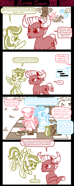 Size: 1050x2640 | Tagged: safe, artist:ficficponyfic, derpibooru import, oc, oc:aquarius, oc:libra, oc:taurus, oc:virgo, unofficial characters only, earth pony, pegasus, pony, comic:important decisions, aquarius, comic, female, libra, male, mare, nose wrinkle, ponyscopes, simple background, speech bubble, stallion, taurus, virgo, white background, zodiac