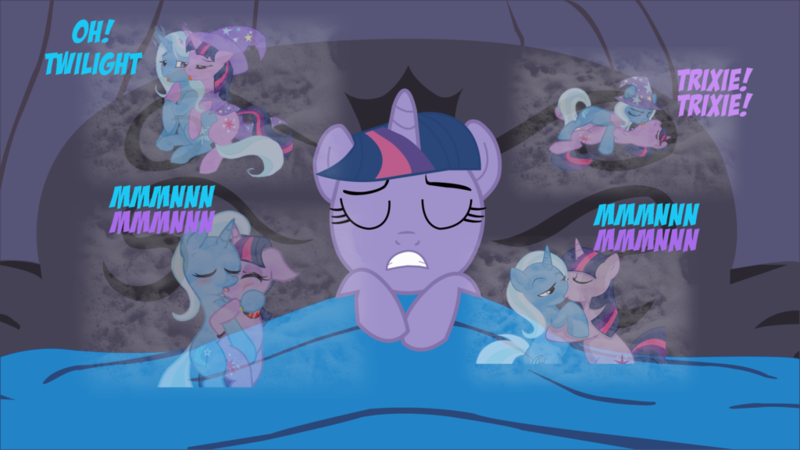 Size: 1024x576 | Tagged: questionable, artist:blackfeathr, artist:grumblepluck, artist:pyruvate, artist:tenchi-outsuno, artist:xered, derpibooru import, trixie, twilight sparkle, bed, collage, dream, female, lesbian, sleeping, twixie