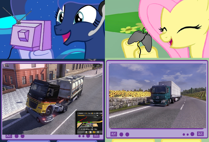 Size: 1018x692 | Tagged: car crash, derpibooru import, euro truck simulator 2, exploitable meme, fluttershy, gamer luna, gamer meme, gamershy, princess luna, safe, sunflower, tv meme