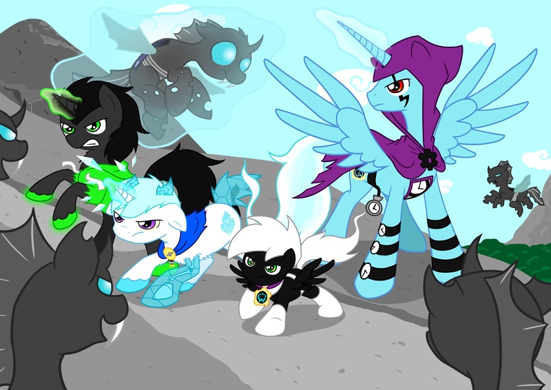 Size: 4961x3508 | Tagged: safe, artist:teengirl, derpibooru import, alicorn, changeling, pony, clockwork, crossover, danny phantom, frostbite, wulf