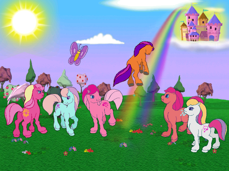 Size: 800x600 | Tagged: butterfly, castle, derpibooru import, friendship gardens, g2, goodbye, ivy, light heart, morning glory, my little pony friendship gardens, pc game, ponyland, rainbow, sad, safe, sun, sundance, sweet berry, sweetberry, video game