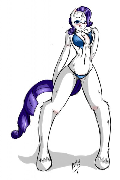 Size: 853x1280 | Tagged: anthro, artist:avante92, bikini, blushing, breasts, cameltoe, clothes, derpibooru import, female, questionable, rarity, simple background, solo, solo female, swimsuit, unguligrade anthro