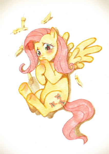 Size: 1033x1460 | Tagged: dead source, safe, artist:hotomura, derpibooru import, fluttershy, pegasus, pony, blushing, feather, female, mare, on back, pixiv, solo