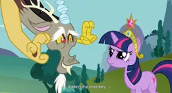 Size: 1595x865 | Tagged: air quotes, big crown thingy, derpibooru import, discord, safe, screencap, twilight sparkle, youtube caption, youtube link