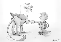 Size: 1024x711 | Tagged: safe, artist:ribnose, derpibooru import, gilda, scootaloo, gryphon, pegasus, pony, bipedal, duo, female, filly, folded wings, gildaloo, grayscale, helmet, holding, hoofbump, image, looking at each other, monochrome, png, scooter, simple background, smiling, smiling at each other, white background, wings