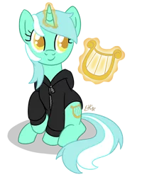 Size: 720x900 | Tagged: safe, artist:oemilythepenguino, derpibooru import, lyra heartstrings, pony, unicorn, fanfic:background pony, clothes, colored pupils, hoodie, levitation, lyre, magic, musical instrument, raised hoof, simple background, sitting, smiling, solo, telekinesis, transparent background