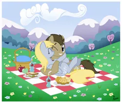 Size: 1052x886 | Tagged: safe, artist:thephoebster, derpibooru import, derpy hooves, doctor whooves, time turner, pegasus, pony, doctorderpy, female, kissing, mare, muffin, picnic, sandwich, shipping