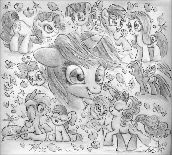 Size: 1004x904 | Tagged: safe, artist:deathcutlet, derpibooru import, apple bloom, applejack, derpy hooves, fluttershy, lyra heartstrings, pinkie pie, rainbow dash, rarity, spike, twilight sparkle, pegasus, pony, female, mane seven, mane six, mare, traditional art