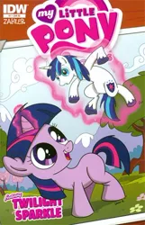 Size: 300x467 | Tagged: artist:sibsy, comic cover, derpibooru import, filly, flower, glowing horn, idw, levitation, magic, mountain, safe, shining armor, spoiler:comic, telekinesis, tree, twilight sparkle