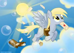 Size: 1920x1376 | Tagged: safe, artist:artention, derpibooru import, derpy hooves, pegasus, pony, bubble, female, flying, letter, mail, mailbag, mare, mouth hold, muffin, saddle bag, sky, solo, sun