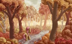 Size: 3623x2200 | Tagged: safe, artist:morevespenegas, derpibooru import, fluttershy, pegasus, pony, autumn, bush, female, forest, leaves, mare, scenery, solo, tree