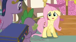 Size: 764x423 | Tagged: derpibooru import, fluttershy, magical mystery cure, safe, screencap, spike, twilight sparkle, youtube caption