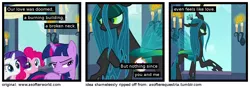 Size: 1200x420 | Tagged: a canterlot wedding, a softer world, changeling, changeling queen, comic, derpibooru import, edit, edited screencap, female, pinkie pie, queen chrysalis, rarity, screencap, screencap comic, suggestive, twilight sparkle