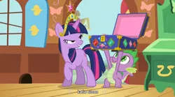 Size: 764x424 | Tagged: bedroom eyes, big crown thingy, caption, derpibooru import, edit, edited screencap, magical mystery cure, safe, screencap, spike, twilight sparkle, youtube caption