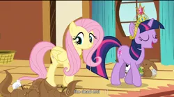 Size: 764x428 | Tagged: big crown thingy, derpibooru import, fluttershy, magical mystery cure, safe, screencap, twilight sparkle, youtube caption