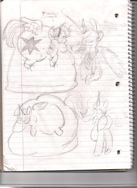 Size: 1700x2338 | Tagged: questionable, artist:pony pudge, derpibooru import, princess celestia, twilight sparkle, twilight sparkle (alicorn), alicorn, pony, belly, cutie mark, fat, immobile, impossibly large belly, impossibly obese, morbidly obese, notebook, obese, plot, twilard sparkle