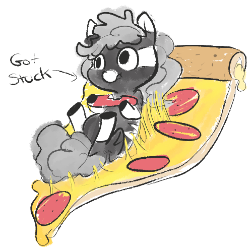 Size: 500x500 | Tagged: artist:mt, derpibooru import, eating, food, meat, messy, micro, minituffs, oc, oc:minituffs, pepperoni, pepperoni pizza, pizza, safe, scrunchy face, solo, stuck, unofficial characters only, zebra