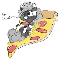 Size: 500x500 | Tagged: artist:mt, derpibooru import, eating, food, meat, messy, micro, minituffs, oc, oc:minituffs, pepperoni, pepperoni pizza, pizza, safe, scrunchy face, solo, stuck, unofficial characters only, zebra