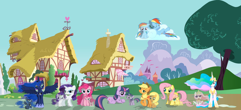 Size: 2533x1157 | Tagged: safe, artist:shadowtargt103, derpibooru import, applejack, fluttershy, pinkie pie, princess celestia, princess luna, rainbow dash, rarity, twilight sparkle, alicorn, earth pony, pegasus, pony, unicorn, cloud, cowboy hat, ethereal mane, female, filly, filly applejack, filly celestia, filly fluttershy, filly luna, filly pinkie pie, filly rainbow dash, filly rarity, filly twilight sparkle, foal, hat, hooves, horn, jewelry, lying on a cloud, mane six, mare, on a cloud, pink-mane celestia, ponyville, raised hoof, regalia, self ponidox, starry mane, stock vector, tiara, unicorn twilight, vector, wings, younger