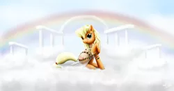 Size: 3558x1860 | Tagged: applejack, artist:drake, clothes, cloud, column, derpibooru import, dress, earth pony on cloud, looking at you, on a cloud, pretty, rainbow, raised hoof, safe, see-through, see-through dress, sitting, smiling, solo