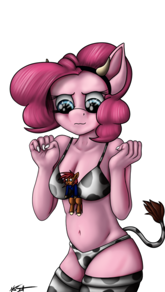 Size: 813x1440 | Tagged: anthro, artist:fastballncs, between breasts, bikini, breasts, clothes, cow girl, derpibooru import, giant anthro, giantess, macro, pinkie pie, suggestive, swimsuit