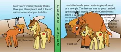 Size: 1588x679 | Tagged: safe, artist:jberg18, derpibooru import, braeburn, little strongheart, buffalo, earth pony, braeheart, dialogue, female, interspecies, male, older, shipping, straight