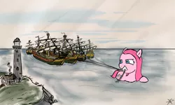 Size: 2000x1200 | Tagged: artist:jberg18, derpibooru import, gritted teeth, gulliver's travels, lighthouse, looking back, macro, mouth hold, ocean, pinkamena diane pie, pinkie pie, safe, ship, solo