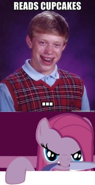 Size: 400x779 | Tagged: bad luck brian, derpibooru import, exploitable meme, fanfic, fanfic:cupcakes, fourth wall, grimdark, knife, meme, meta, party of none, pinkamena diane pie, pinkie pie, the fourth wall cannot save you