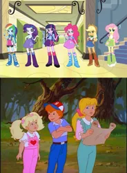 Size: 635x862 | Tagged: safe, derpibooru import, applejack, danny williams, fluttershy, megan williams, molly williams, pinkie pie, rainbow dash, rarity, twilight sparkle, equestria girls, equestria girls (movie), 30th anniversary, crossover, eqg promo pose set, exploitable meme, g1, g4, generation leap, hilarious in hindsight, line-up, make it happen, siblings, speculation, twoiloight spahkle