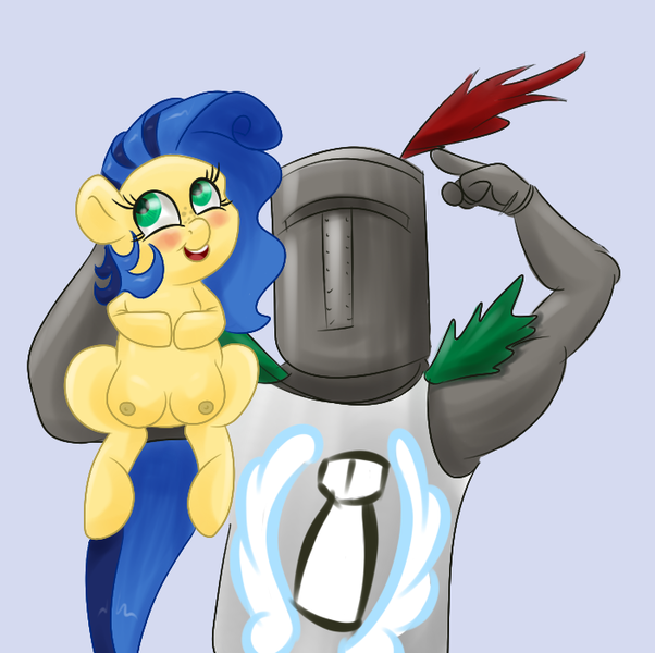 Size: 704x702 | Tagged: questionable, artist:wizardski, derpibooru import, oc, oc:milky way, human, pony, armor, blushing, crossover, crotchboobs, dark souls, female, helmet, impossibly large crotchboobs, mare, nipples, nudity, solaire of astora