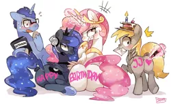 Size: 1280x783 | Tagged: suggestive, artist:suikuzu, derpibooru import, derpy hooves, princess celestia, princess luna, oc, alicorn, pegasus, pony, unicorn, gamer luna, princess molestia, birthday, body writing, cake, glasses, headset, hooves, john joseco, magic, moonbutt, plot, sunbutt