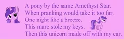 Size: 967x308 | Tagged: safe, derpibooru import, amethyst star, pony, unicorn, female, lidded eyes, limerick, mare, open mouth, raised hoof, simple background, smiling, solo, text