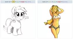 Size: 788x419 | Tagged: applejack, armpits, artist:bobrambo, artist:mewball, belly button, breasts, busty applejack, clothes, daisy dukes, derpibooru import, exploitable meme, filly, human, humanized, juxtaposition, juxtaposition win, lyra heartstrings, midriff, panties, pony coloring, suggestive, underboob, underwear