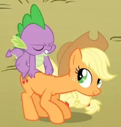 Size: 415x435 | Tagged: safe, derpibooru import, screencap, applejack, spike, dragon, earth pony, pony, fall weather friends, cropped, dragons riding ponies, duo, eyes closed, female, male, mare, out of context, riding