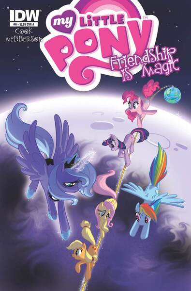 Size: 692x1050 | Tagged: applejack, artist:amy mebberson, artist:stephanie buscema, comic cover, derpibooru import, earth, fluttershy, idw, moon, official, pinkie pie, planet, princess luna, rainbow dash, rope, safe, space, twilight sparkle