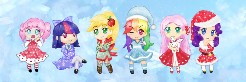 Size: 1150x384 | Tagged: angel bunny, applejack, artist:groovyfish, chibi, christmas, cute, derpibooru import, fluttershy, hat, humanized, looking at you, mane six, open mouth, pinkie pie, pointing, rainbow dash, rarity, safe, santa hat, smiling, twilight sparkle, wink