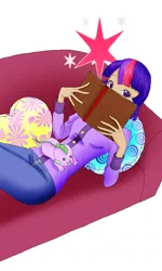 Size: 692x1153 | Tagged: artist:groovyfish, book, derpibooru import, humanized, safe, solo, spike, twilight sparkle