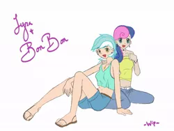 Size: 1024x768 | Tagged: artist:groovyfish, bon bon, derpibooru import, humanized, lyra heartstrings, safe, skinny, sweetie drops