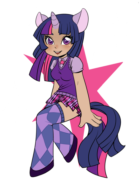 Size: 1200x1600 | Tagged: argyle, artist:couratiel, artist:quackingmoron, clothes, derpibooru import, eared humanization, horned humanization, humanized, safe, simple background, skirt, solo, stars, sweater vest, tailed humanization, twilight sparkle