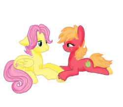 Size: 1024x884 | Tagged: safe, artist:sweetchiomlp, derpibooru import, big macintosh, fluttershy, adorascotch, anatomically incorrect, bedroom eyes, butterreina, butterscotch, cute, eye contact, female, floppy ears, fluttermac, incorrect leg anatomy, looking at each other, macabetes, macareina, male, prone, rule 63, rule63betes, shipping, simple background, smiling, straight, transparent background