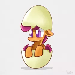 Size: 1024x1024 | Tagged: safe, artist:kty159, derpibooru import, scootaloo, pegasus, pony, colored pupils, egg, female, filly, floppy ears, hatching, pink background, scootachicken, simple background, solo