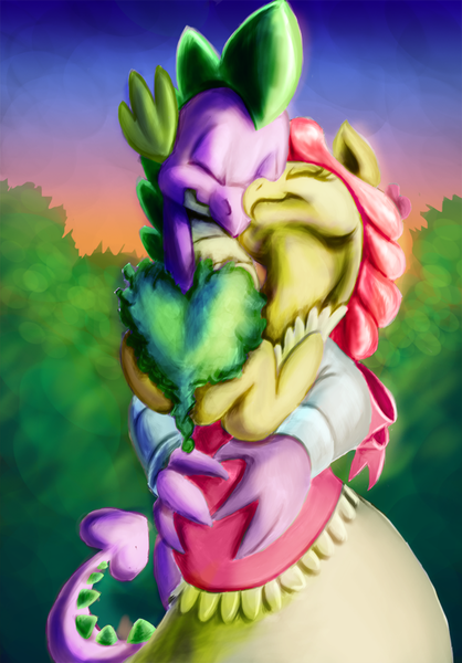Size: 648x931 | Tagged: safe, artist:rannva, derpibooru import, apple bloom, spike, dragon, earth pony, pony, clothes, dragon on pony action, dress, female, interspecies, male, mommabloom, nuzzling, older, pregnant, shipping, spikebloom, straight, suit