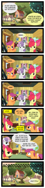 Size: 1024x4233 | Tagged: apple bloom, artist:lazingabout94, clubhouse, comic, crusaders clubhouse, curtains, cutie mark crusaders, dust, feather, feather boa, grass, implied scootabuse, safe, scootaloo, sweetie belle, tree