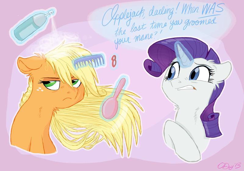 Size: 2813x1972 | Tagged: safe, artist:graystripe64, derpibooru import, applejack, rarity, earth pony, pony, unicorn, applejack is not amused, brush, brushie, bust, comb, duo, ear fluff, female, fluffy, grooming, hairspray, hatless, loose hair, magic, mare, missing accessory, neck fluff, portrait, telekinesis, unamused