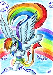 Size: 1623x2286 | Tagged: artist:yuki-orin, cloud, cloudy, derpibooru import, rainbow, rainbow dash, safe, traditional art