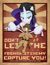 Size: 1186x1542 | Tagged: artist:wolfjedisamuel, belt, elton john, fake cyrillic, fascism, fascist, gun, helmet, in goliath's palm, macro, micro, nazi, parody, poster, propaganda, pun, rarinazi, rarity, rifle, semi-grimdark, size difference, smug, smugity, soviet, stahlhelm, strangling, weapon, why you little, world war ii