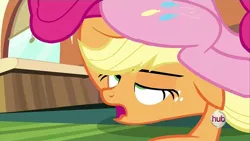 Size: 960x540 | Tagged: safe, derpibooru import, screencap, applejack, pinkie pie, pony, games ponies play, asshat, butt touch, facesitting, facesitting on applejack, faic, female, hoof on butt, lidded eyes, mare, out of context, plot, train, window